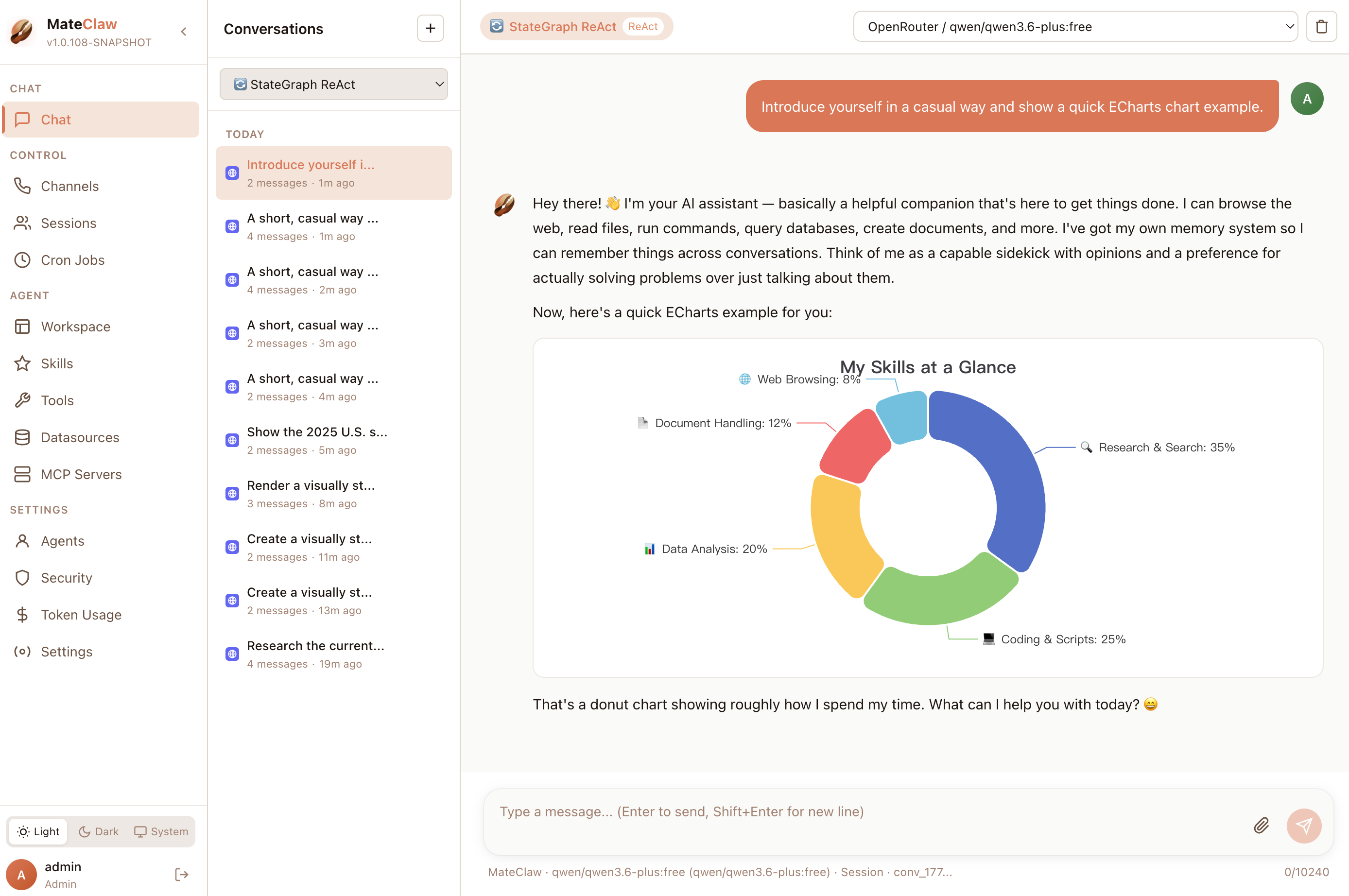 MateClaw Chat with ECharts Visualization